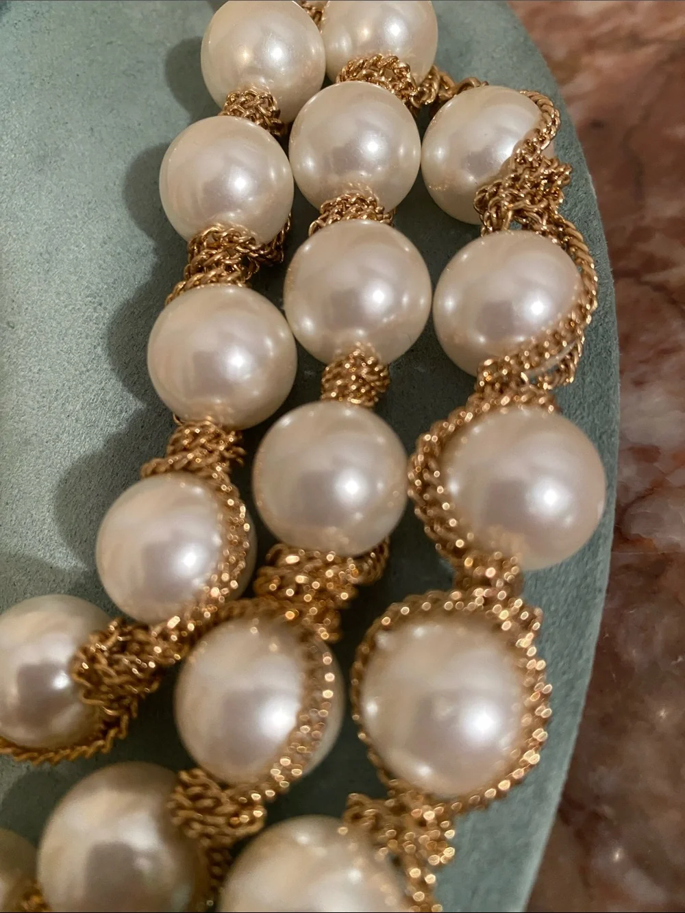 Chunky Faux Pearl Gold Tone Multi Strand Statement Necklace & Earring Set